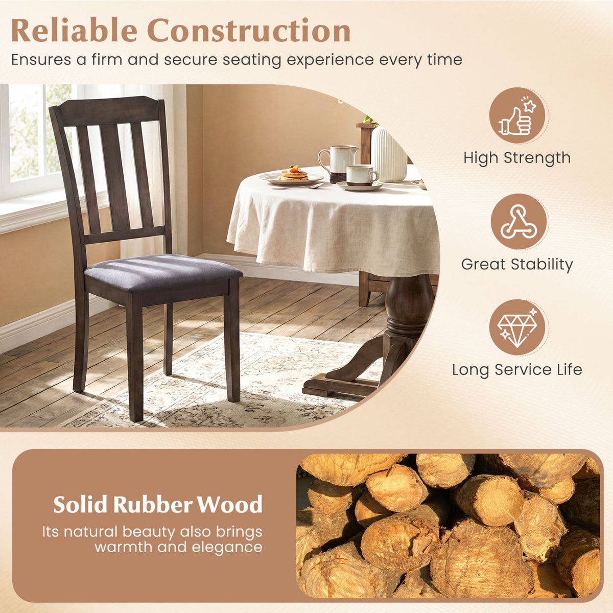 Set of 2 Rubber Wood Dining Room Chairs with Comfortable Backrest-Brown