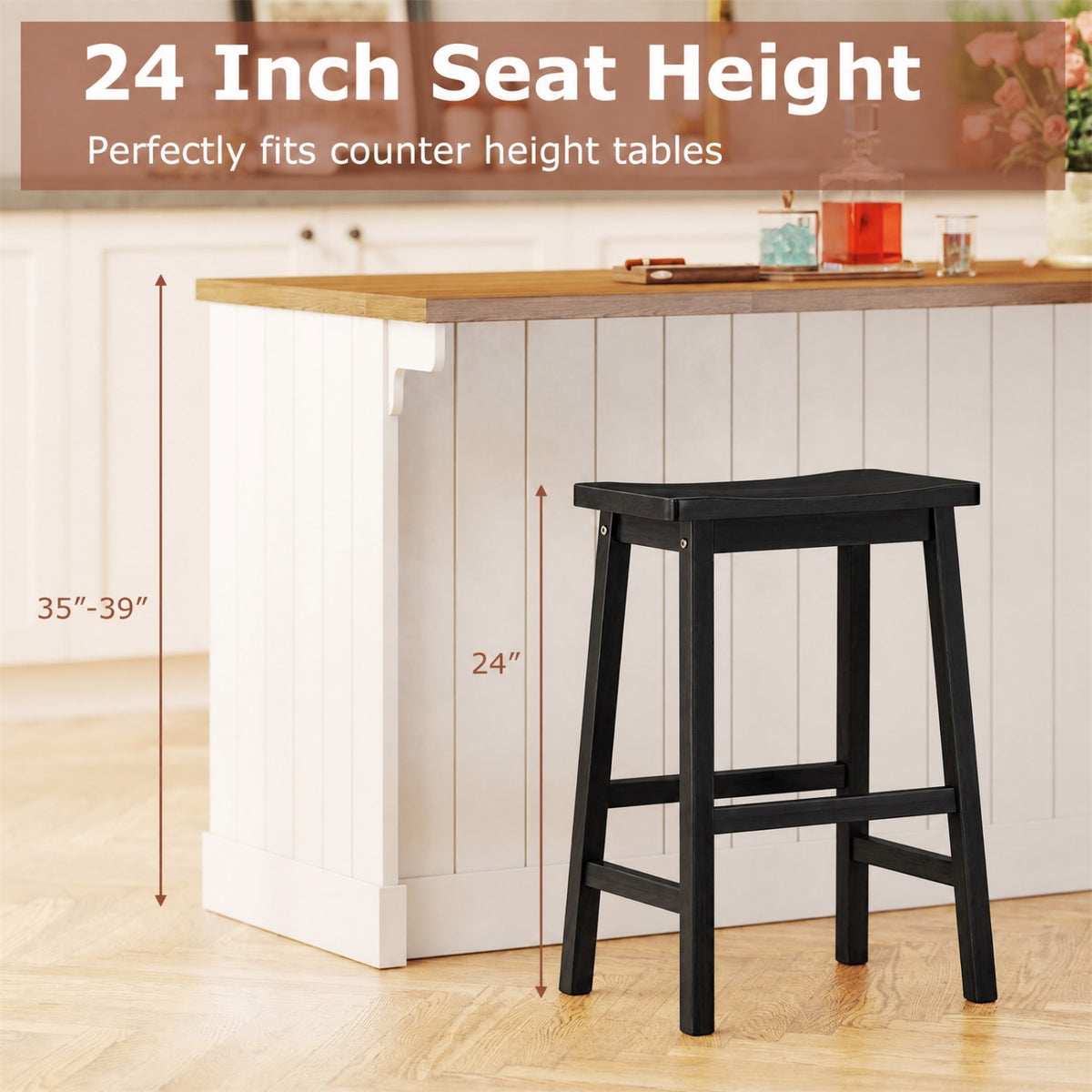 Set of 2 Saddle-Seat Counter Height Stools with Curved Seat and Footrests-Black