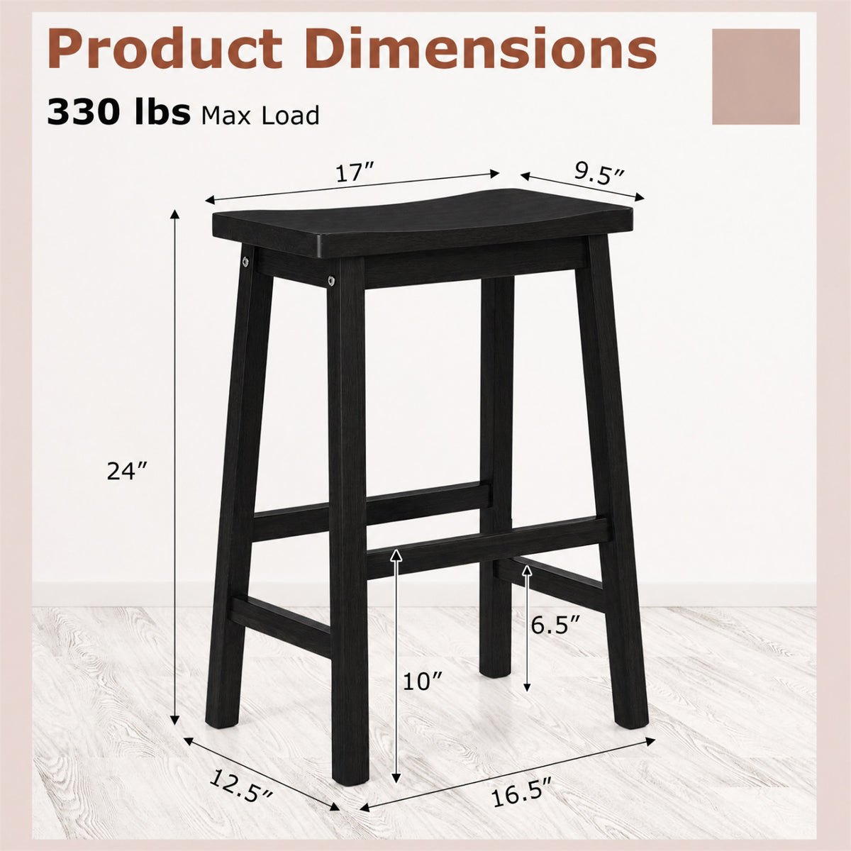 Set of 2 Saddle-Seat Counter Height Stools with Curved Seat and Footrests-Black