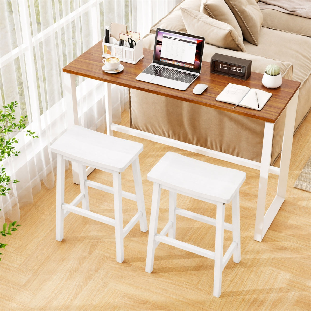 Set of 2 Saddle-Seat Counter Height Stools with Curved Seat and Footrests-Beige