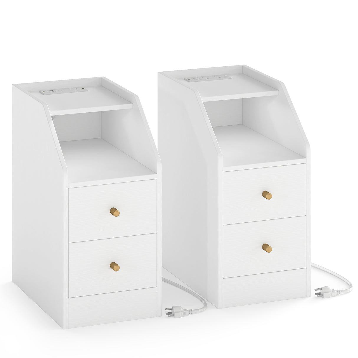 Set of 2 Side End Tables with Charging Station Sofa Couch Tables with Shelf Drawers-White