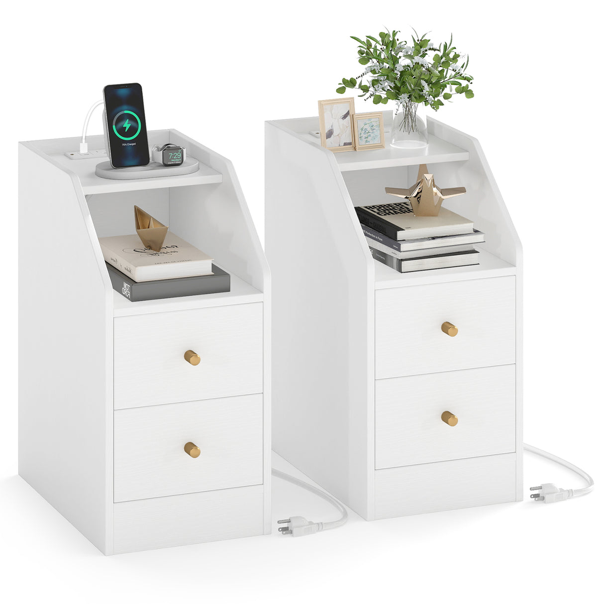 Set of 2 Side End Tables with Charging Station Sofa Couch Tables with Shelf Drawers-White