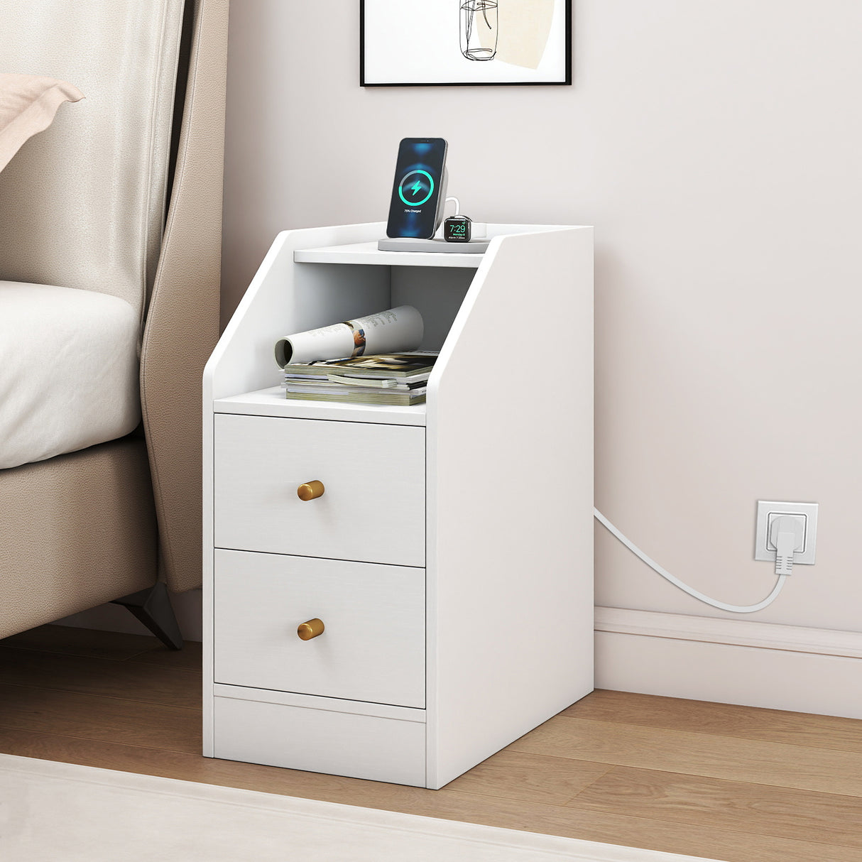 Set of 2 Side End Tables with Charging Station Sofa Couch Tables with Shelf Drawers-White
