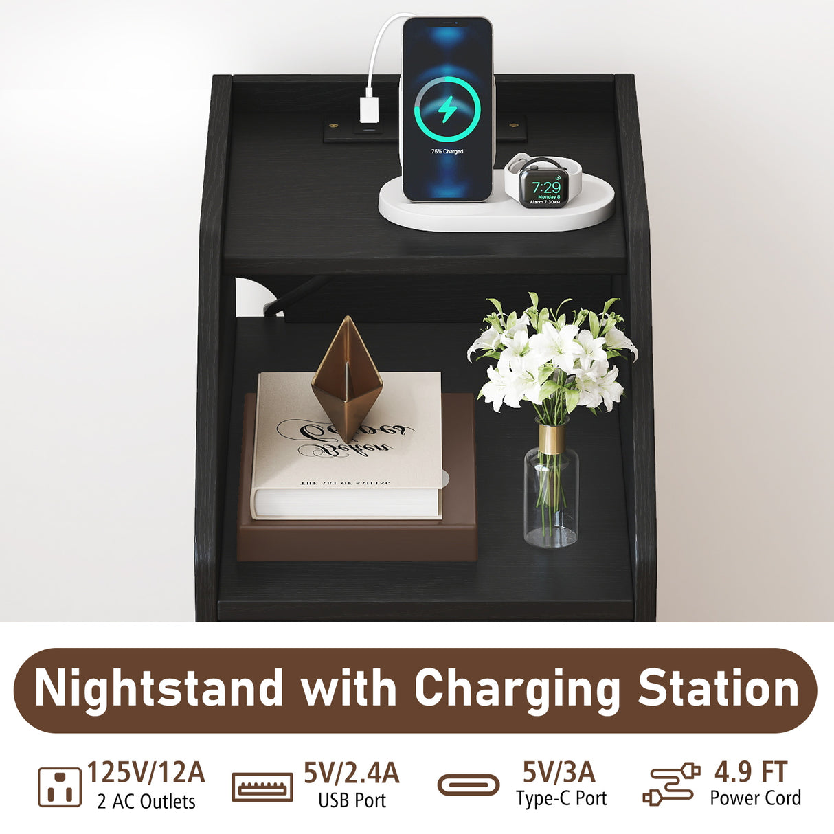 Set of 2 Side End Tables with Charging Station Sofa Couch Tables with Shelf Drawers-Black