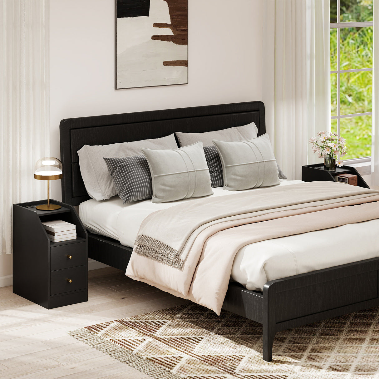 Set of 2 Side End Tables with Charging Station Sofa Couch Tables with Shelf Drawers-Black
