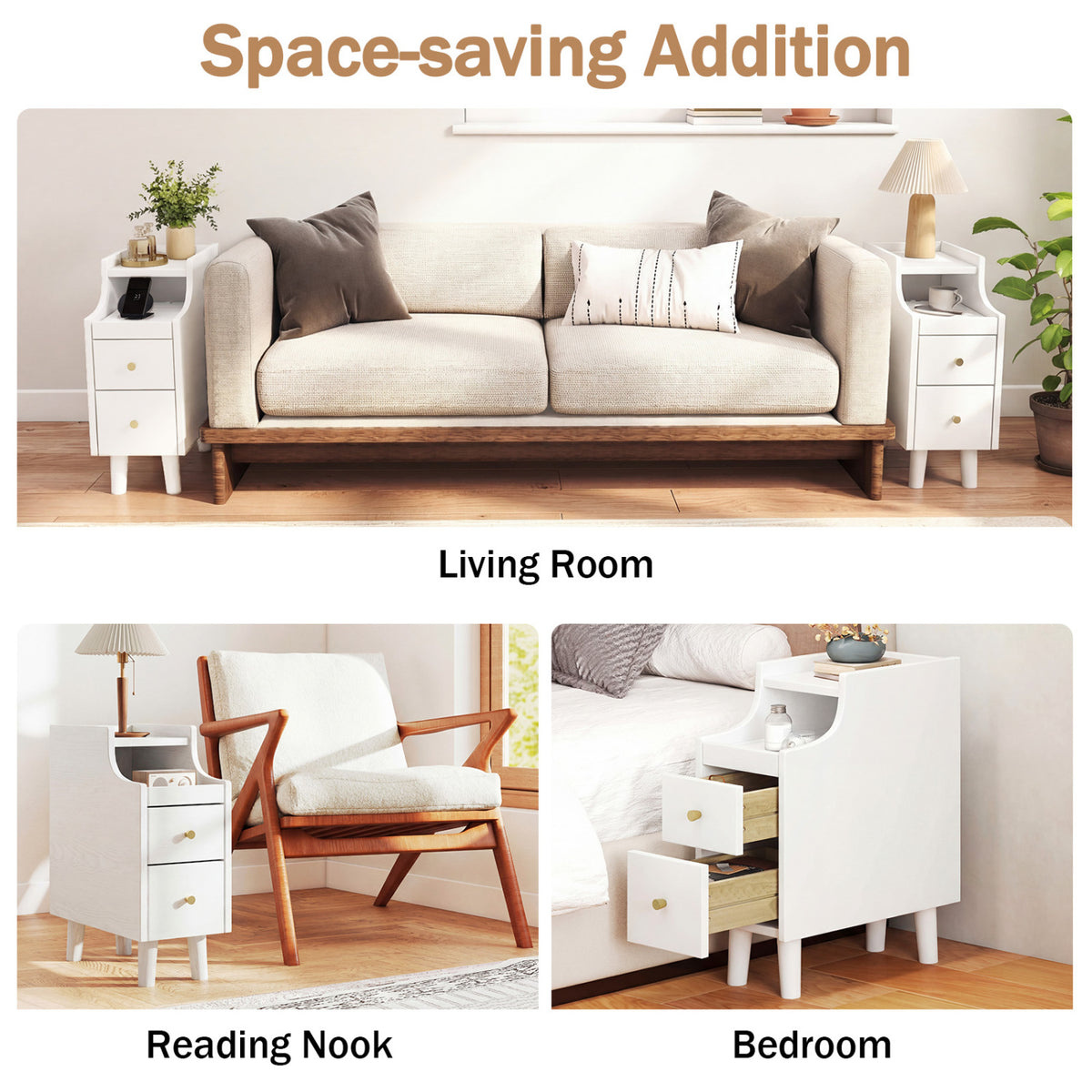 Set of 2 Solid Wood Night Side Table with Pull-out Tray and 2 Storage Drawers-White