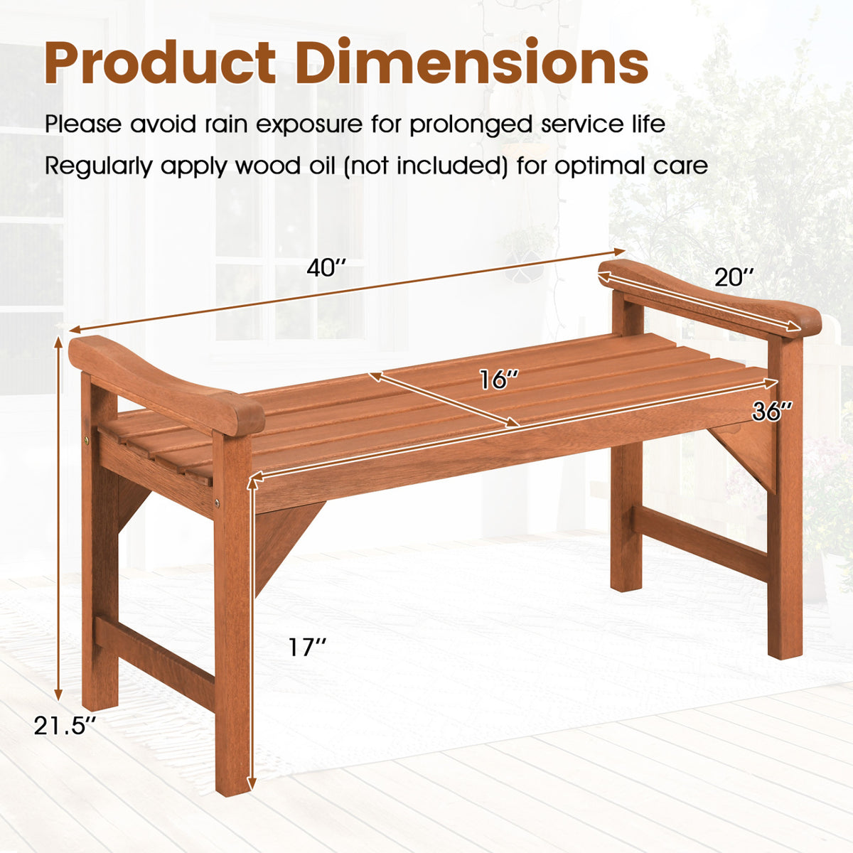 Set of 2 Solid Wood Backless Garden Bench with Support Handles and Curved Slatted Seat for Deck
