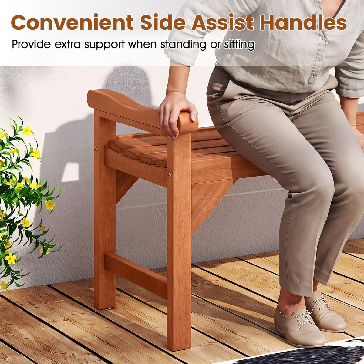 Set of 2 Solid Wood Backless Garden Bench with Support Handles and Curved Slatted Seat for Deck