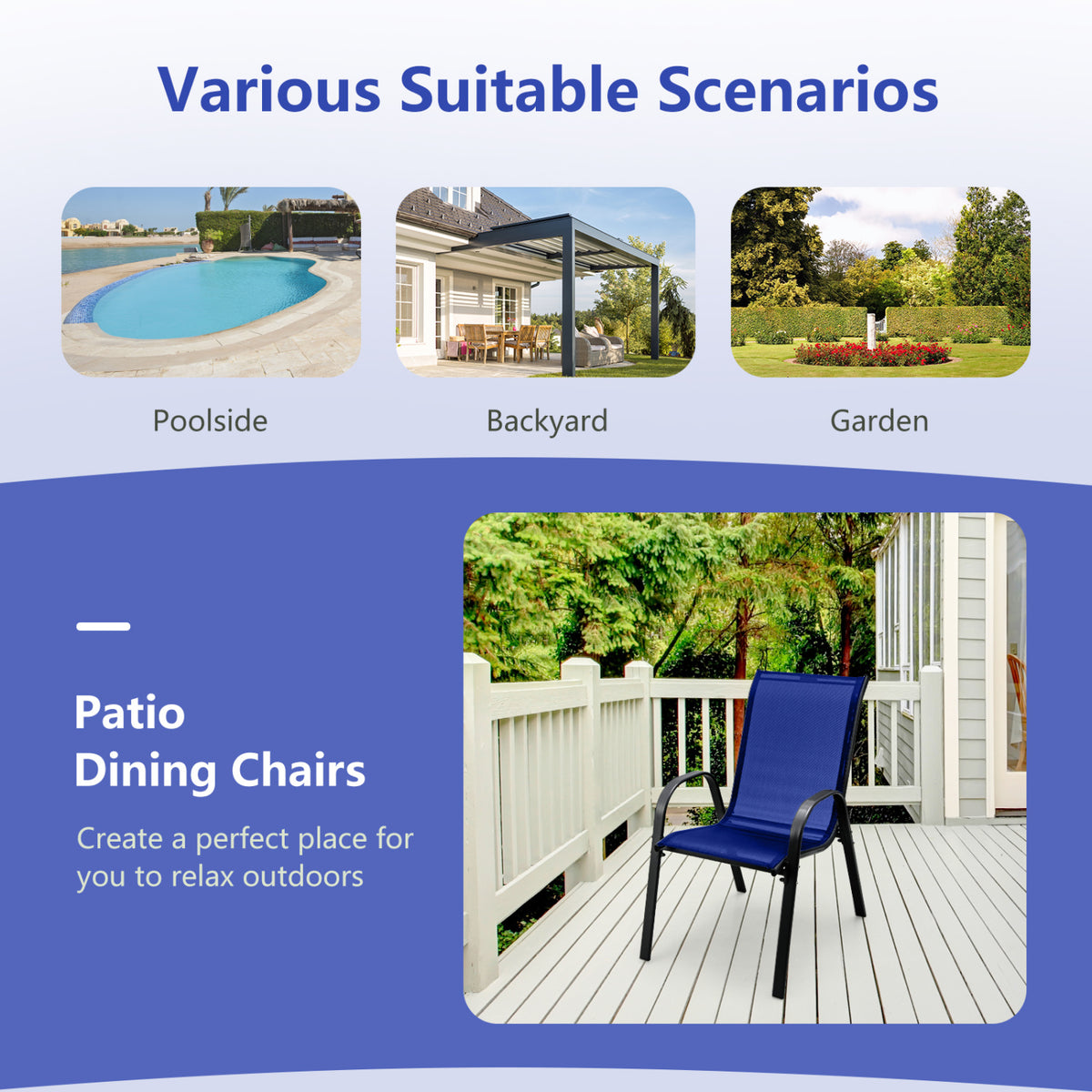 Set of 2 Stackable Patio Dining Chairs Set with Armrest-Navy