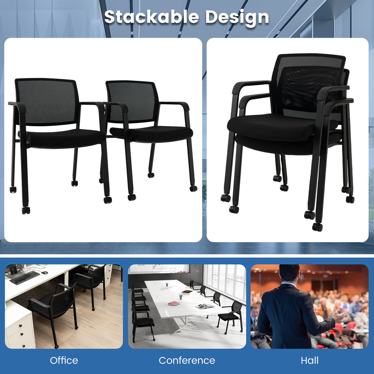 Set of 2 Stackable Rolling Office Chairs with Mesh Backrest-Black