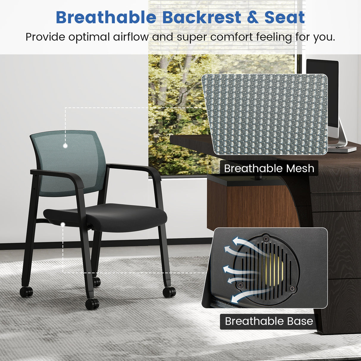 Set of 2 Stackable Rolling Office Chairs with Mesh Backrest-Gray
