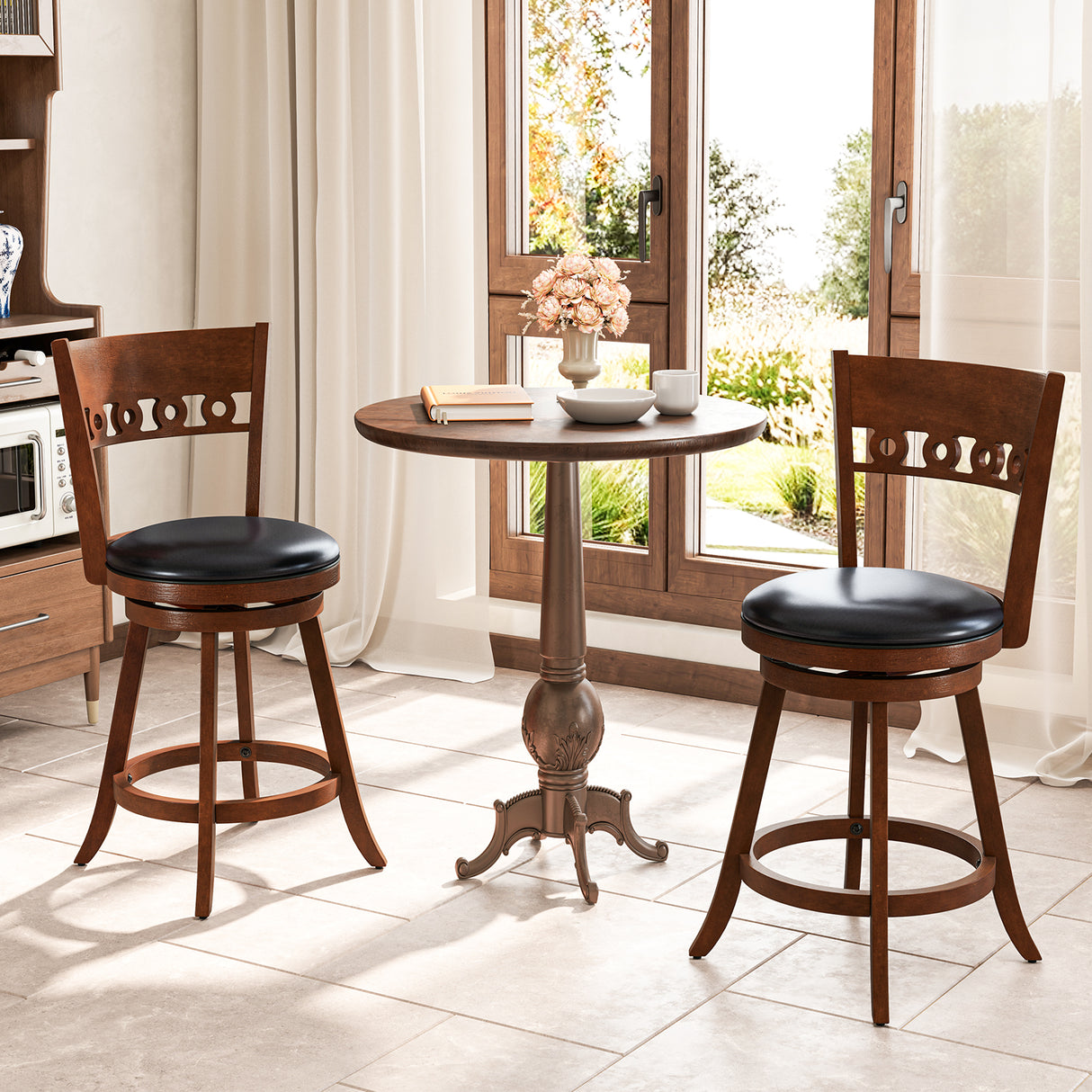 Set of 2 Swivel Bar Stools with Rubber Wood Frame-24.5 inches