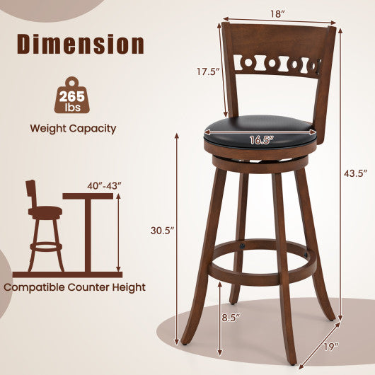 Set of 2 Swivel Bar Stools with Rubber Wood Frame-30.5 inches