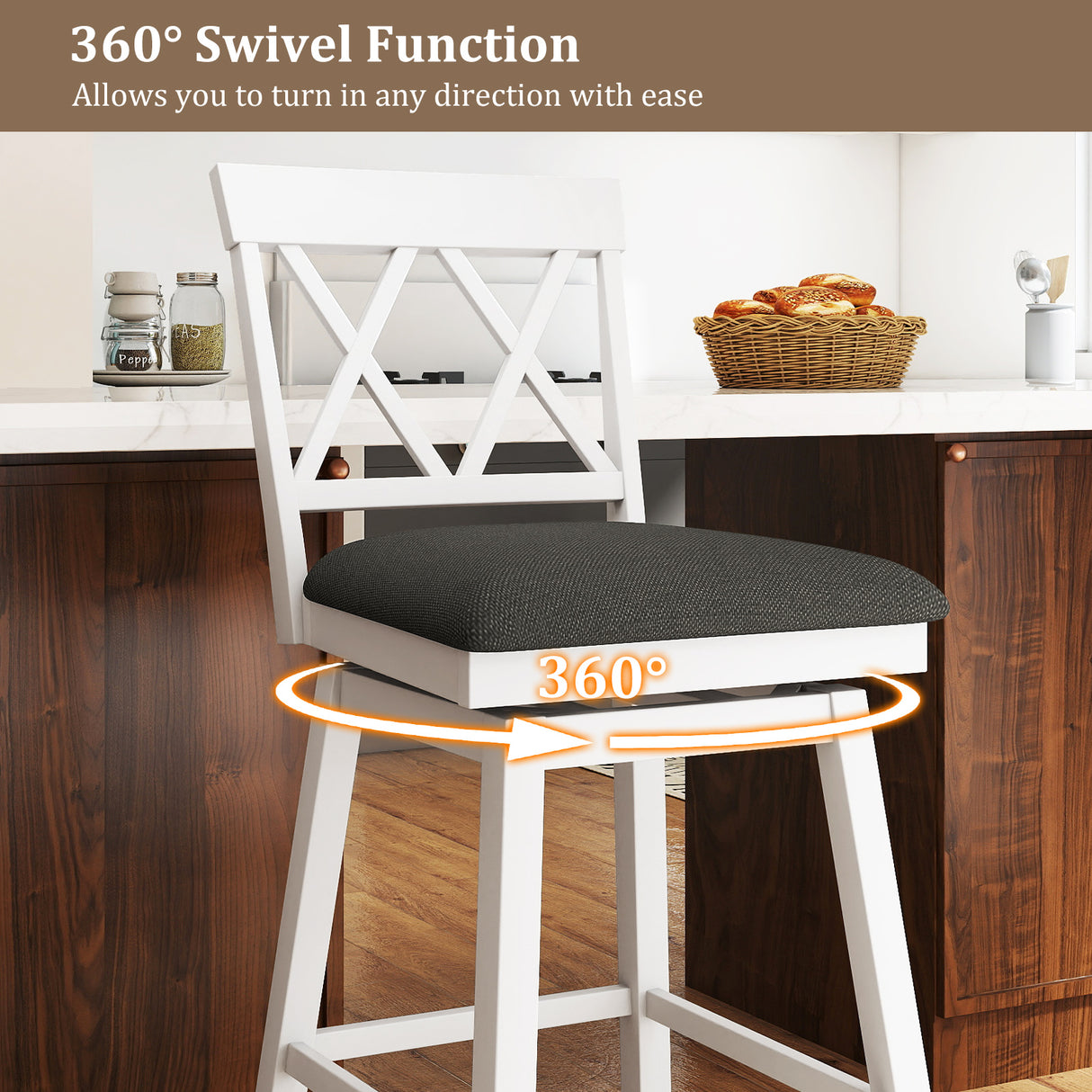 Set of 2 Swivel Bar Stools Counter Height Barstools with Backrest Upholstered Seat Cushion-29 Inches