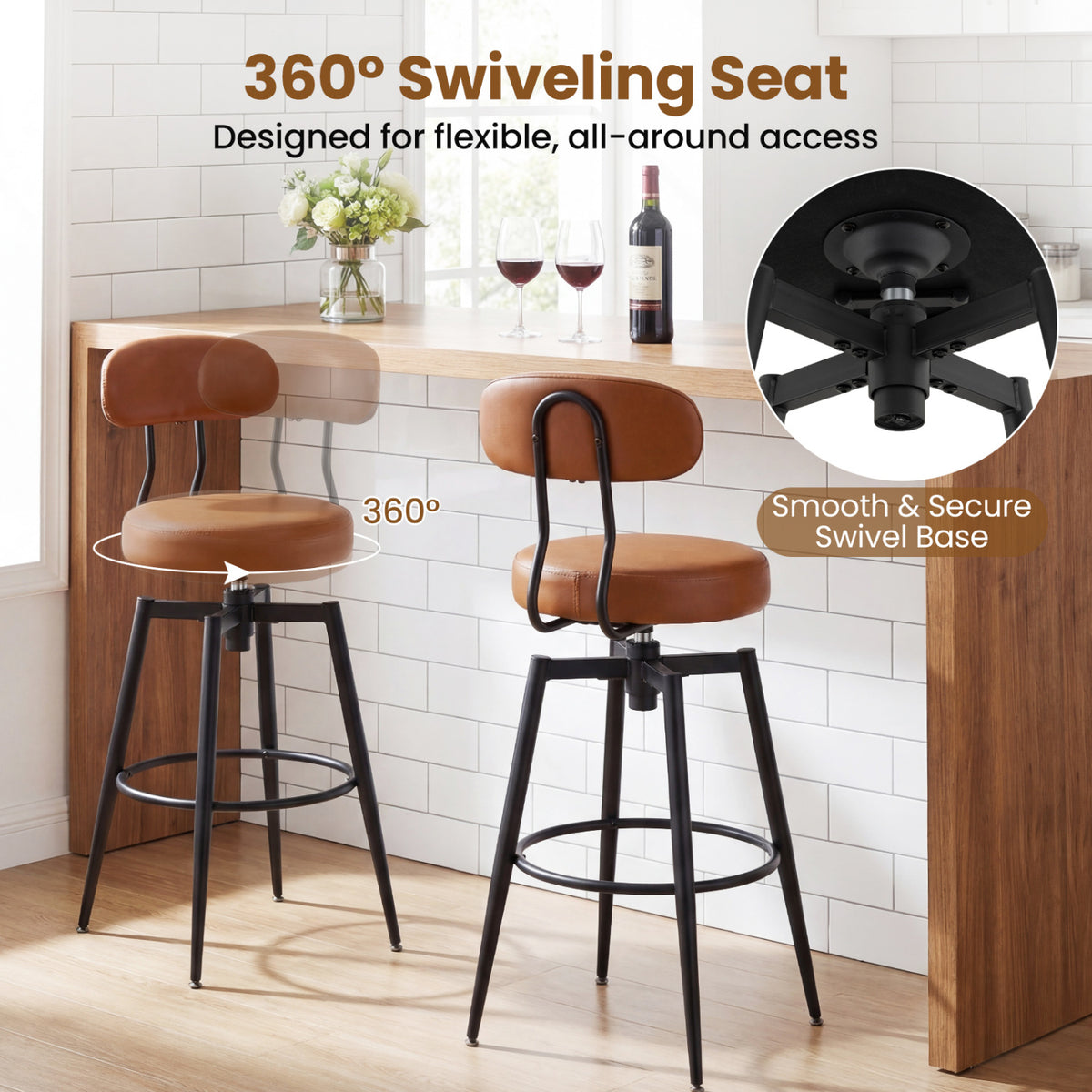 Set of 2 Swivel Barstools Faux Leather with Upholstered Seat and Back-Brown