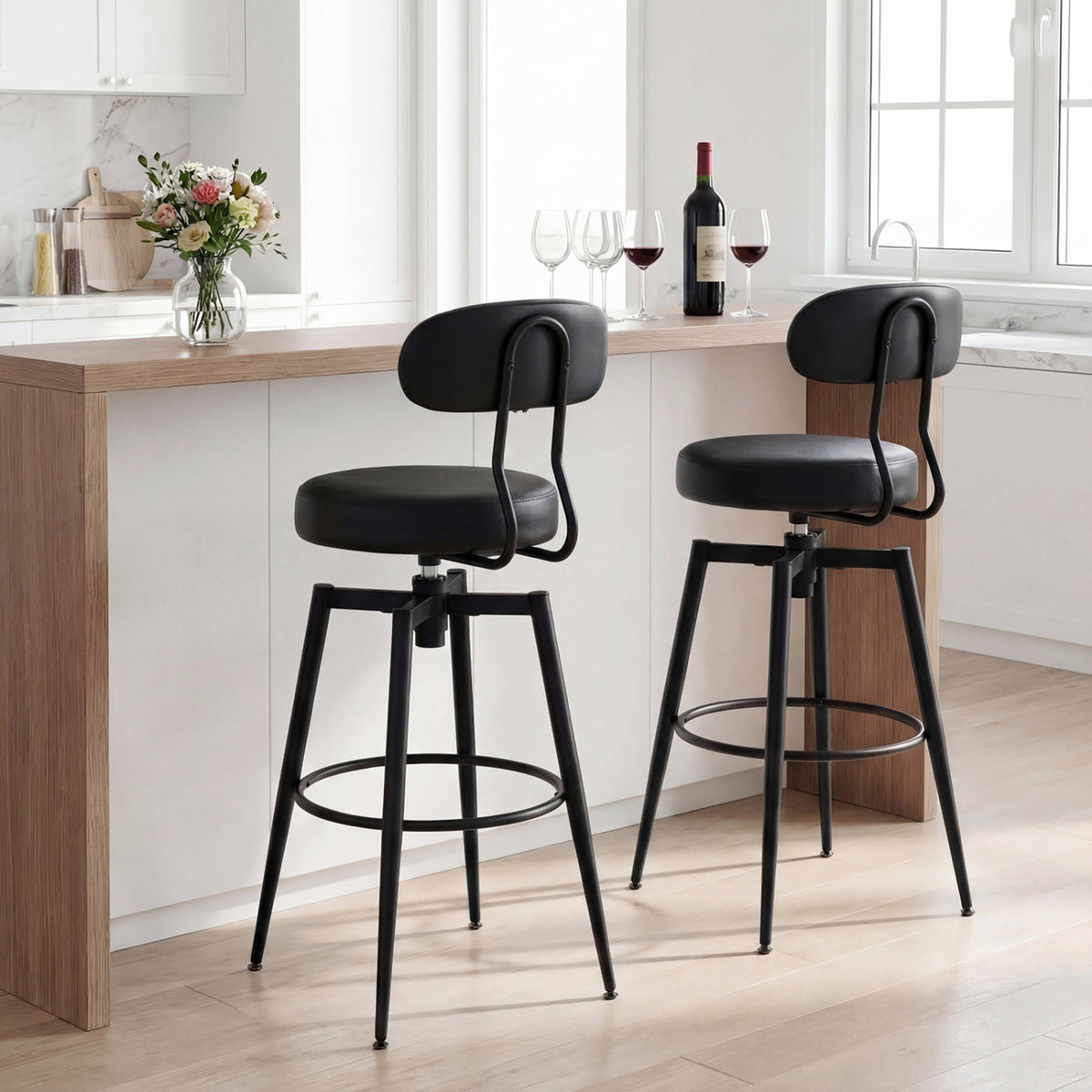 Set of 2 Swivel Barstools Faux Leather with Upholstered Seat and Back-Black