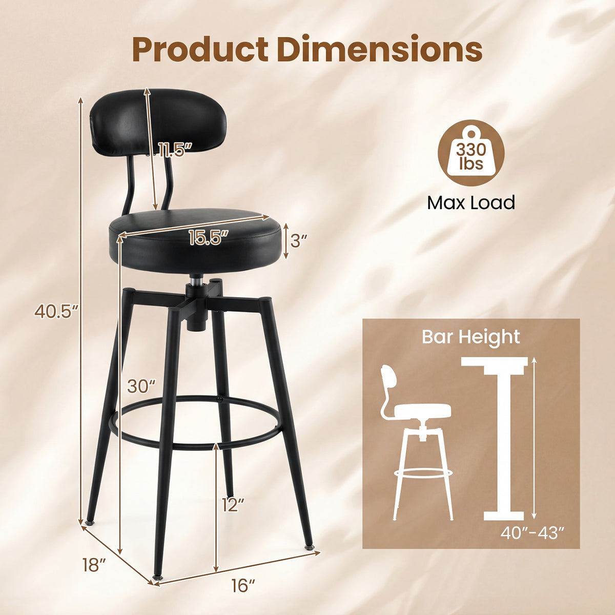 Set of 2 Swivel Barstools Faux Leather with Upholstered Seat and Back-Black