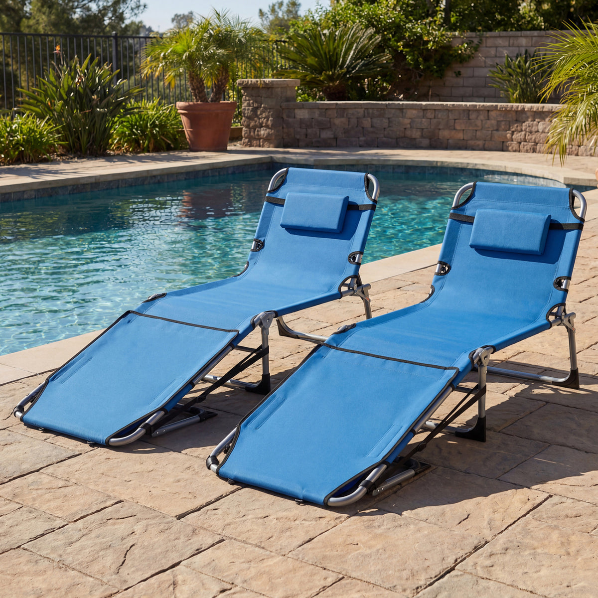 Set of 2 Tanning Chairs with Face Arm Holes Portable with 4-Level Backrest-Blue