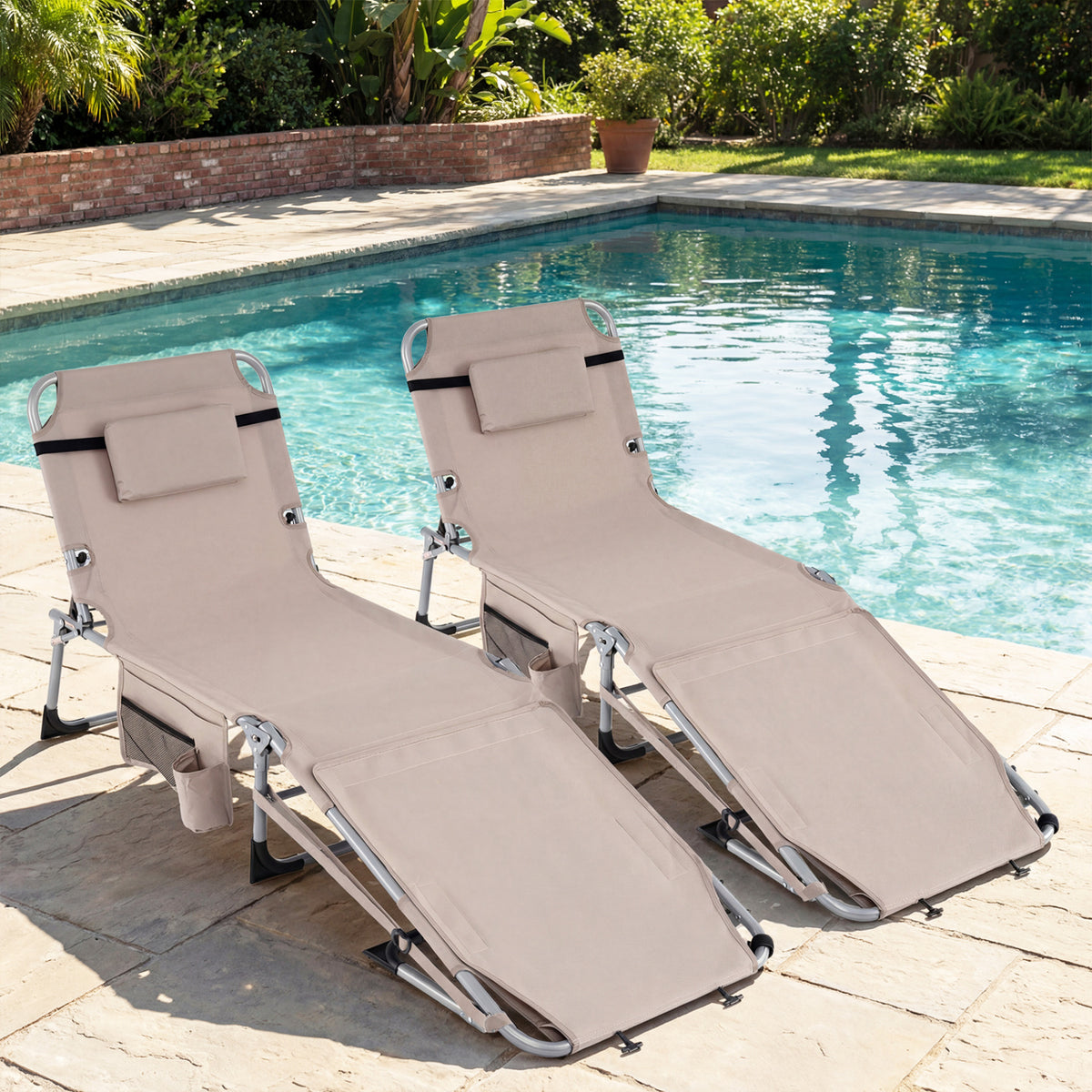 Set of 2 Tanning Chairs with Face Arm Holes Portable with 4-Level Backrest-Beige