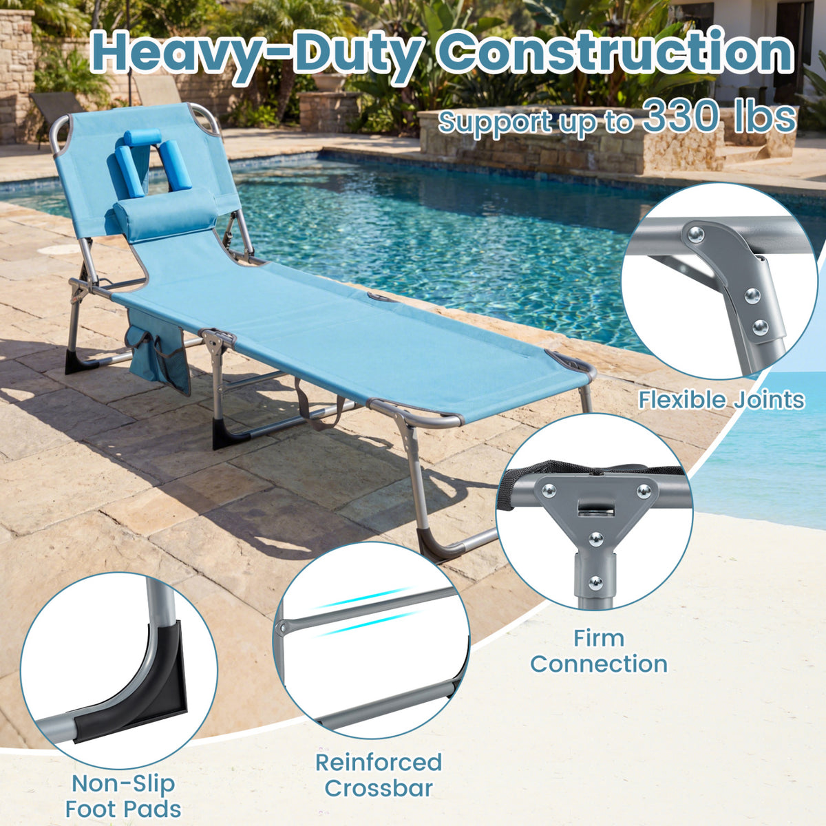 Set of 2 Tanning Chair Portable Chaise Lounge Chair with 4-Position Adjustable Backrest-Navy