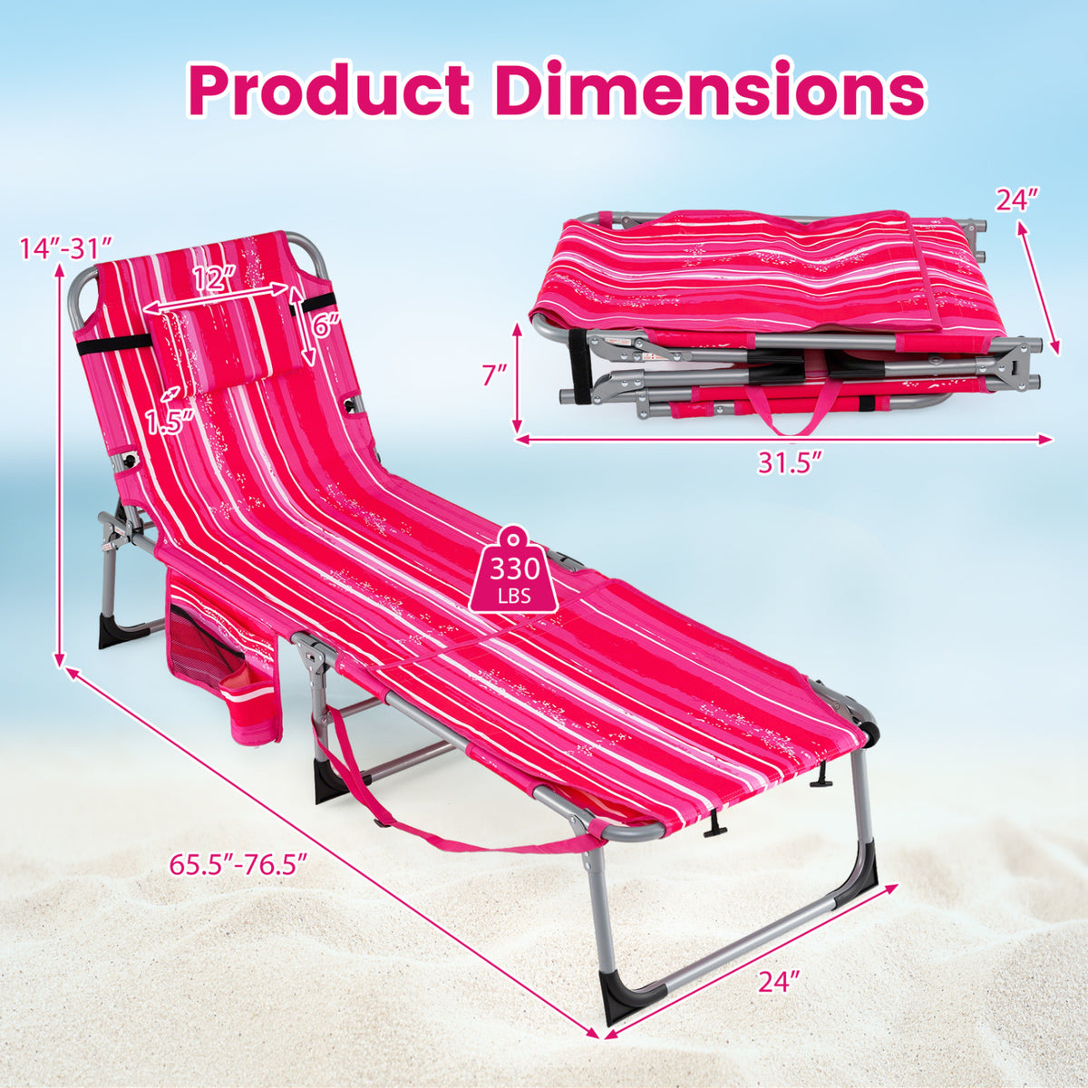 Set of 2 Tanning Chairs with Face Arm Holes Portable with 4-Level Backrest-Pink Strip