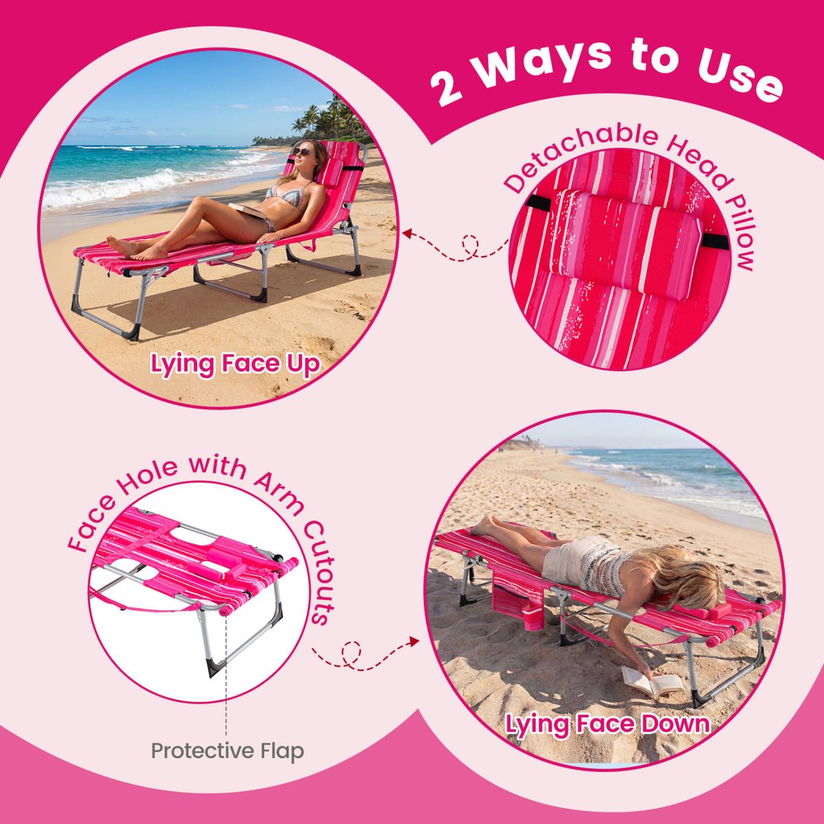 Set of 2 Tanning Chairs with Face Arm Holes Portable with 4-Level Backrest-Pink Strip