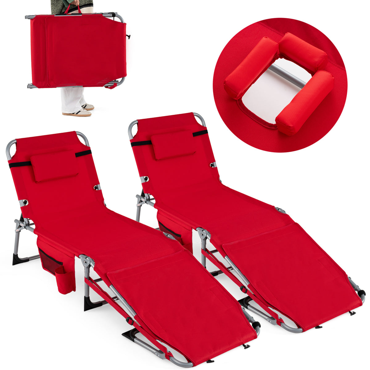 Set of 2 Tanning Chairs with Face Arm Holes Portable with 4-Level Backrest-Red
