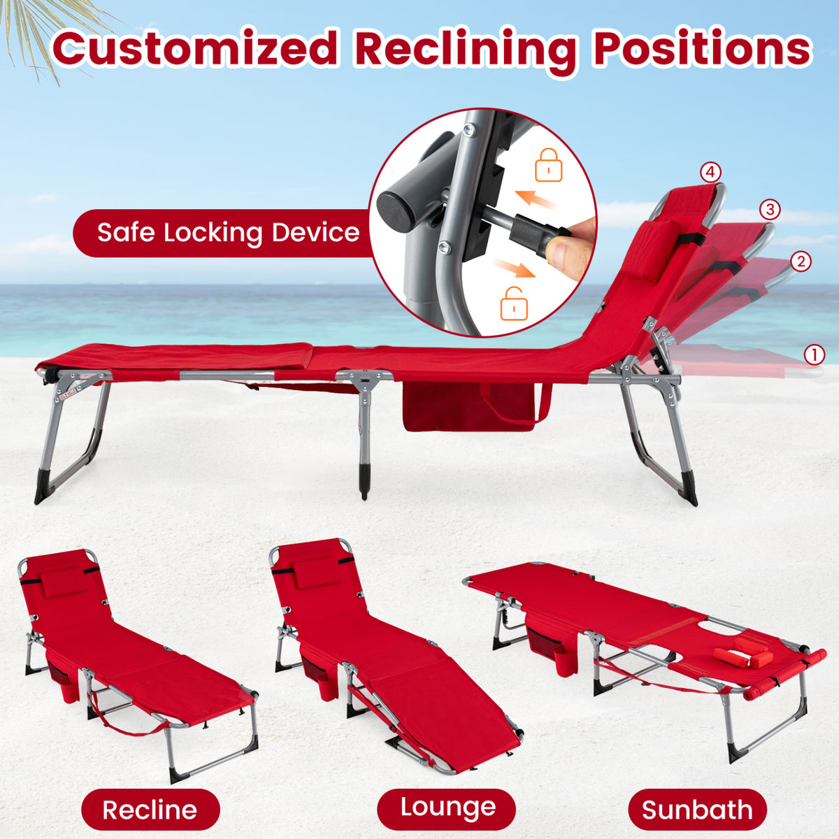 Set of 2 Tanning Chairs with Face Arm Holes Portable with 4-Level Backrest-Red