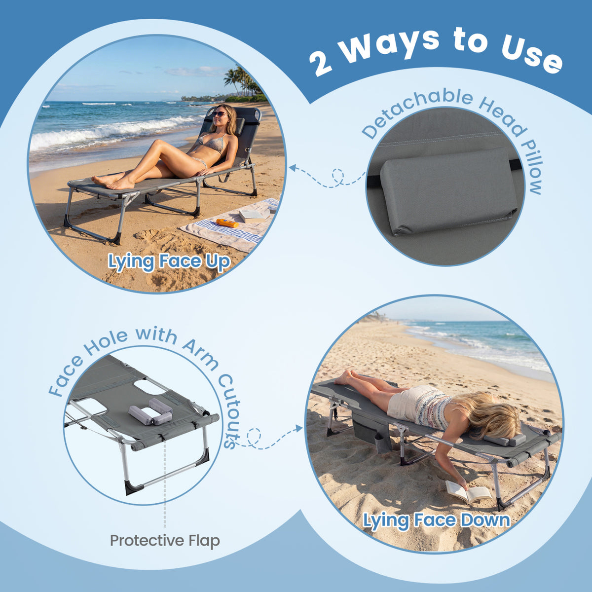 Set of 2 Tanning Chairs with Face Arm Holes Portable with 4-Level Backrest-Gray