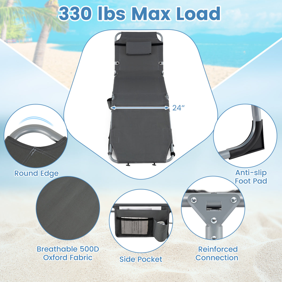 Set of 2 Tanning Chairs with Face Arm Holes Portable with 4-Level Backrest-Gray