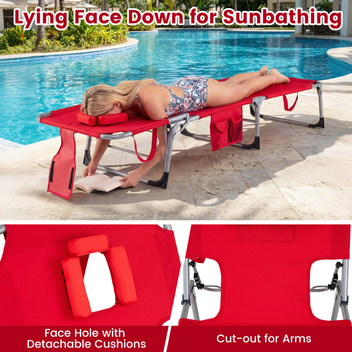 Set of 2 Tanning Chair Portable Chaise Lounge Chair with 4-Position Adjustable Backrest-Red