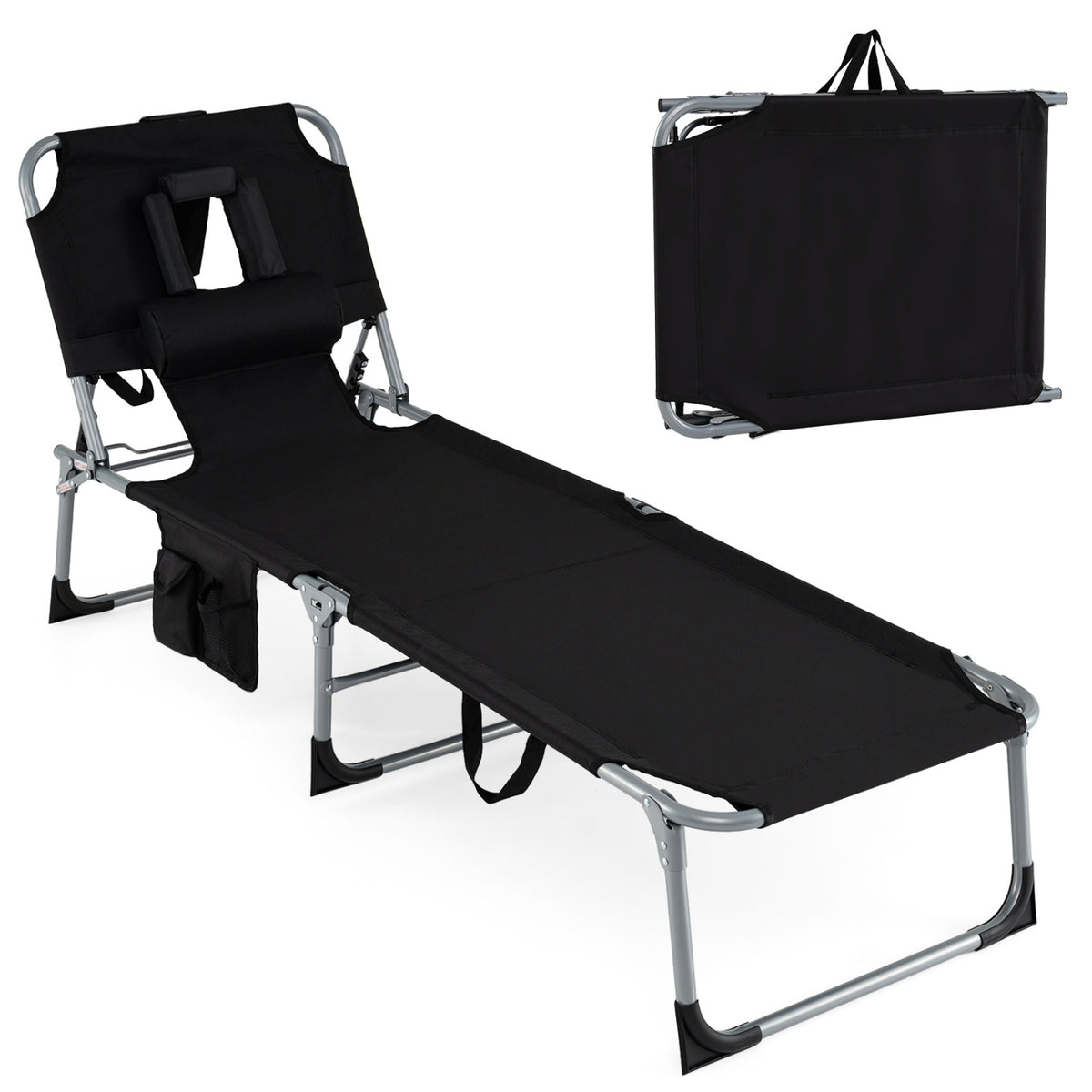 Set of 2 Tanning Chair Portable Chaise Lounge Chair with 4-Position Adjustable Backrest-Black