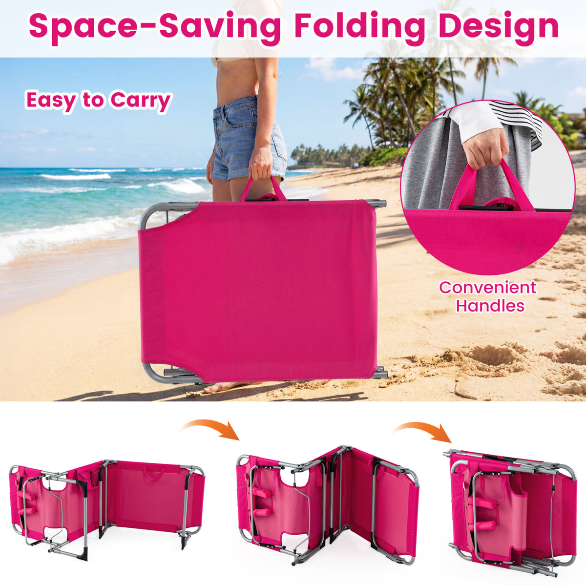 Set of 2 Tanning Chair Portable Chaise Lounge Chair with 4-Position Adjustable Backrest-Pink