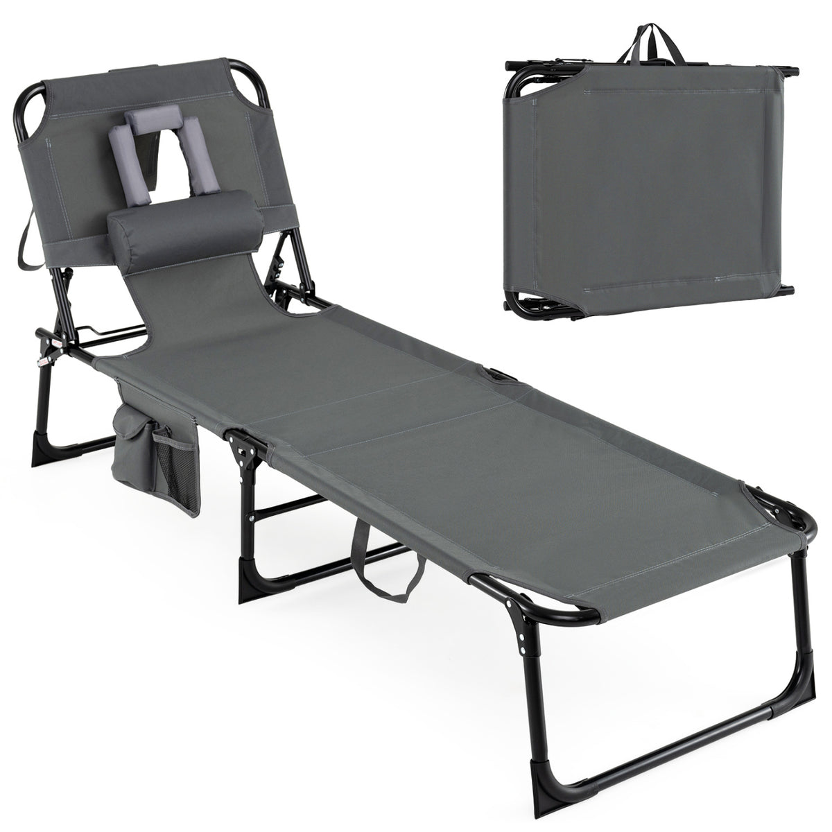 Set of 2 Tanning Chair Portable Chaise Lounge Chair with 4-Position Adjustable Backrest-Gray