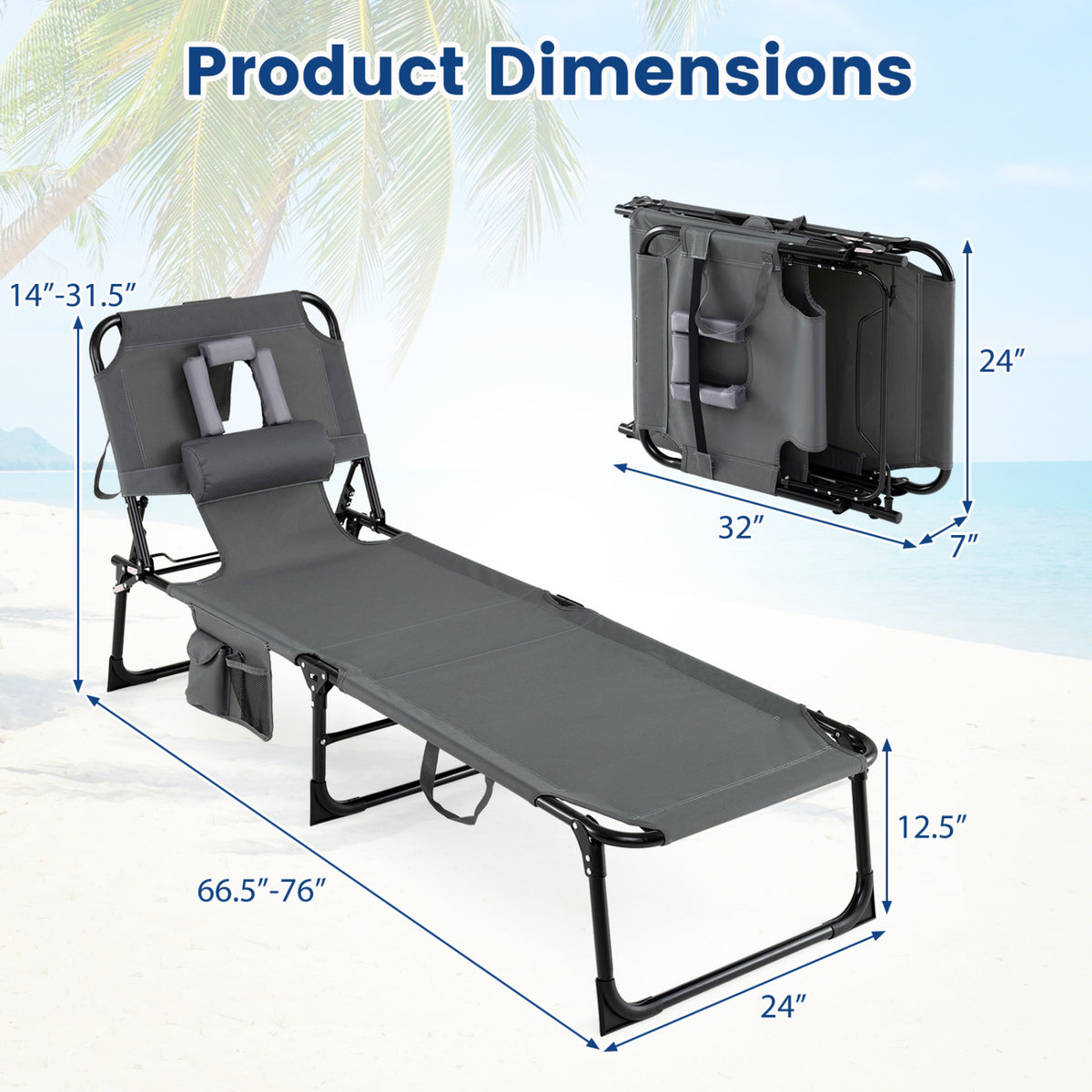 Set of 2 Tanning Chair Portable Chaise Lounge Chair with 4-Position Adjustable Backrest-Gray