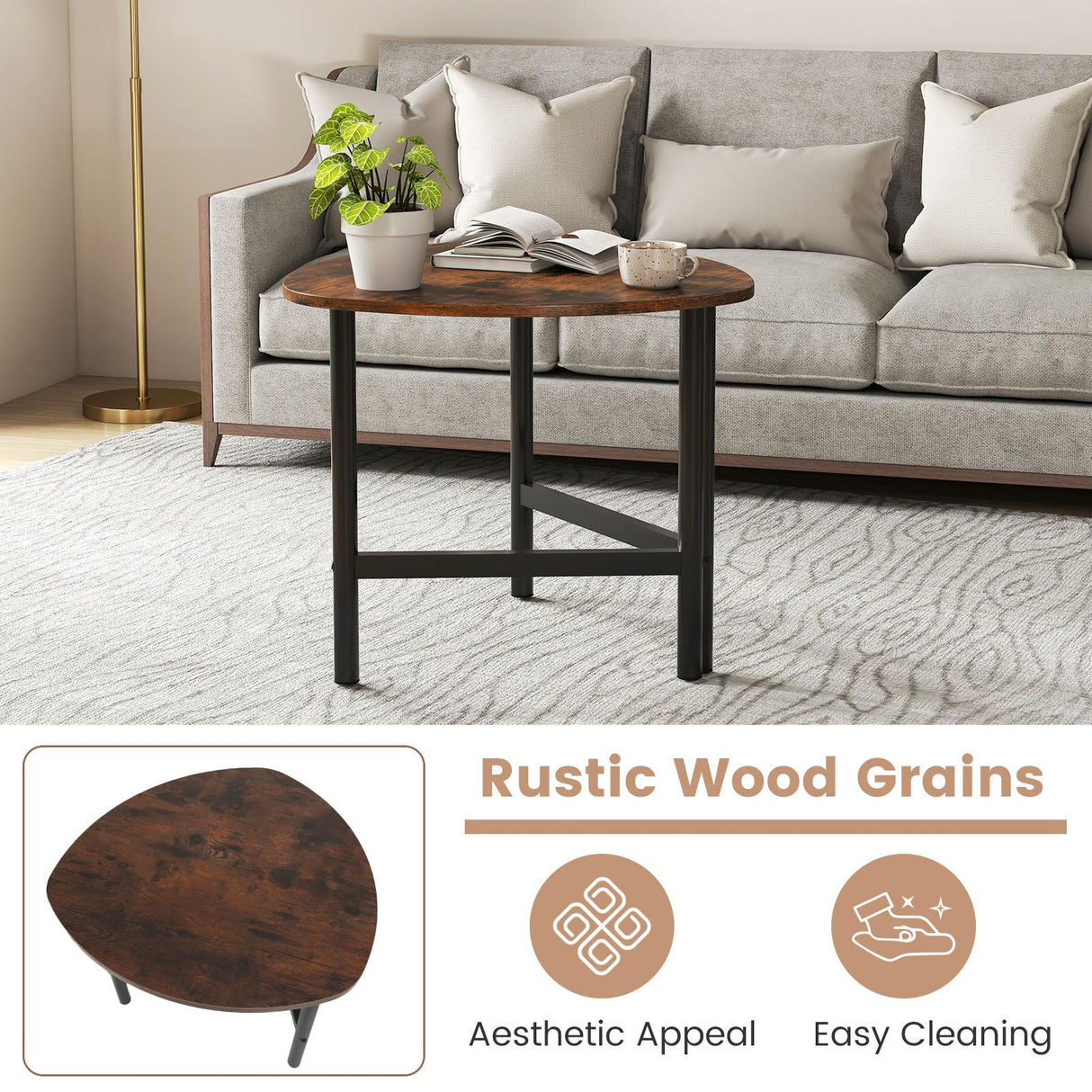 Set of 2 Triangle Coffee Table Oval with Metal Legs-Rustic Brown