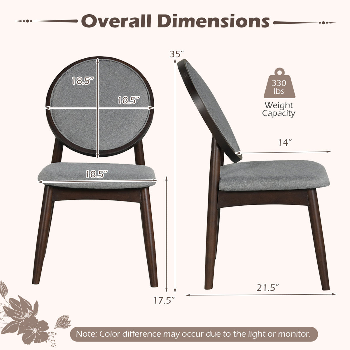 Set of 2 Upholstered Linen Fabric Kitchen Side Chairs with Padded Seat-Gray