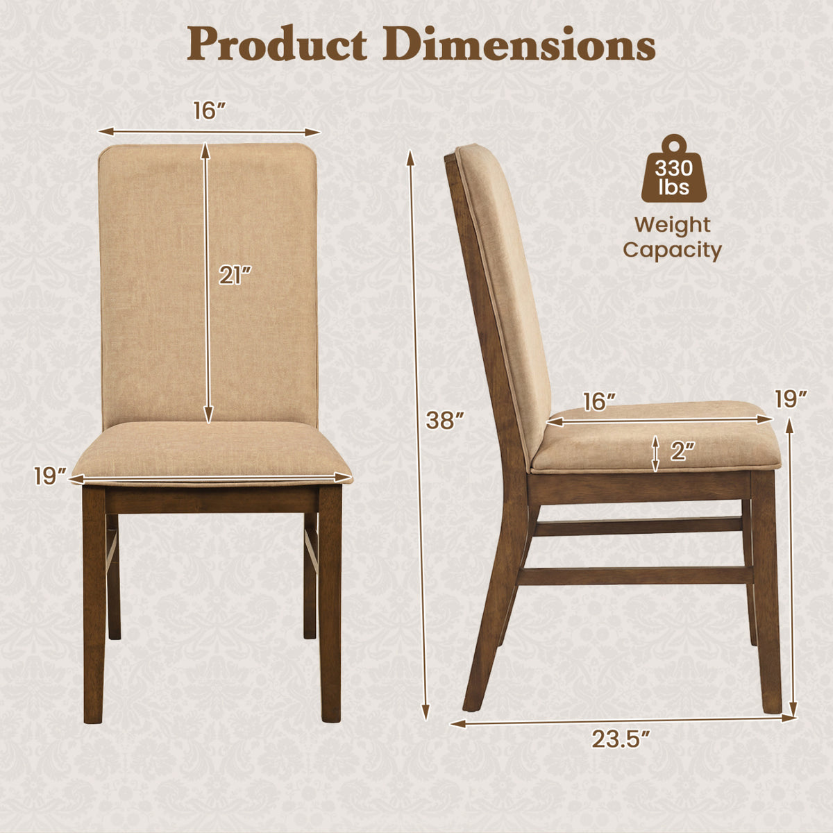 Set of 2 Upholstered Dining Chairs with Solid Rubber Wood Legs-Brown