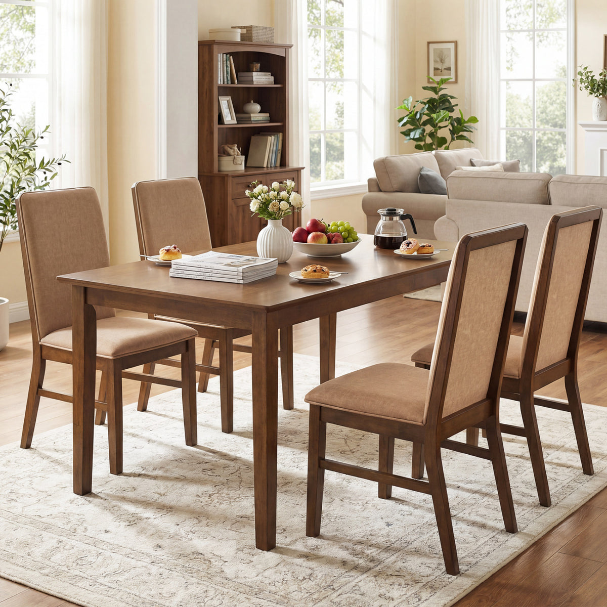 Set of 2 Upholstered Dining Chairs with Solid Rubber Wood Legs-Brown