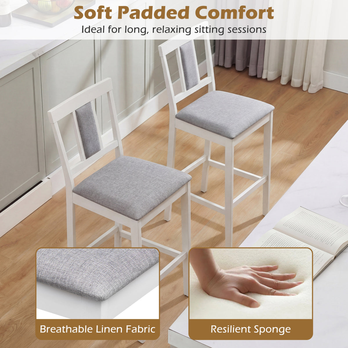 Set of 2 Upholstered Barstool 29.5 Inch Bar Height with Solid Rubber Wood Frame-White