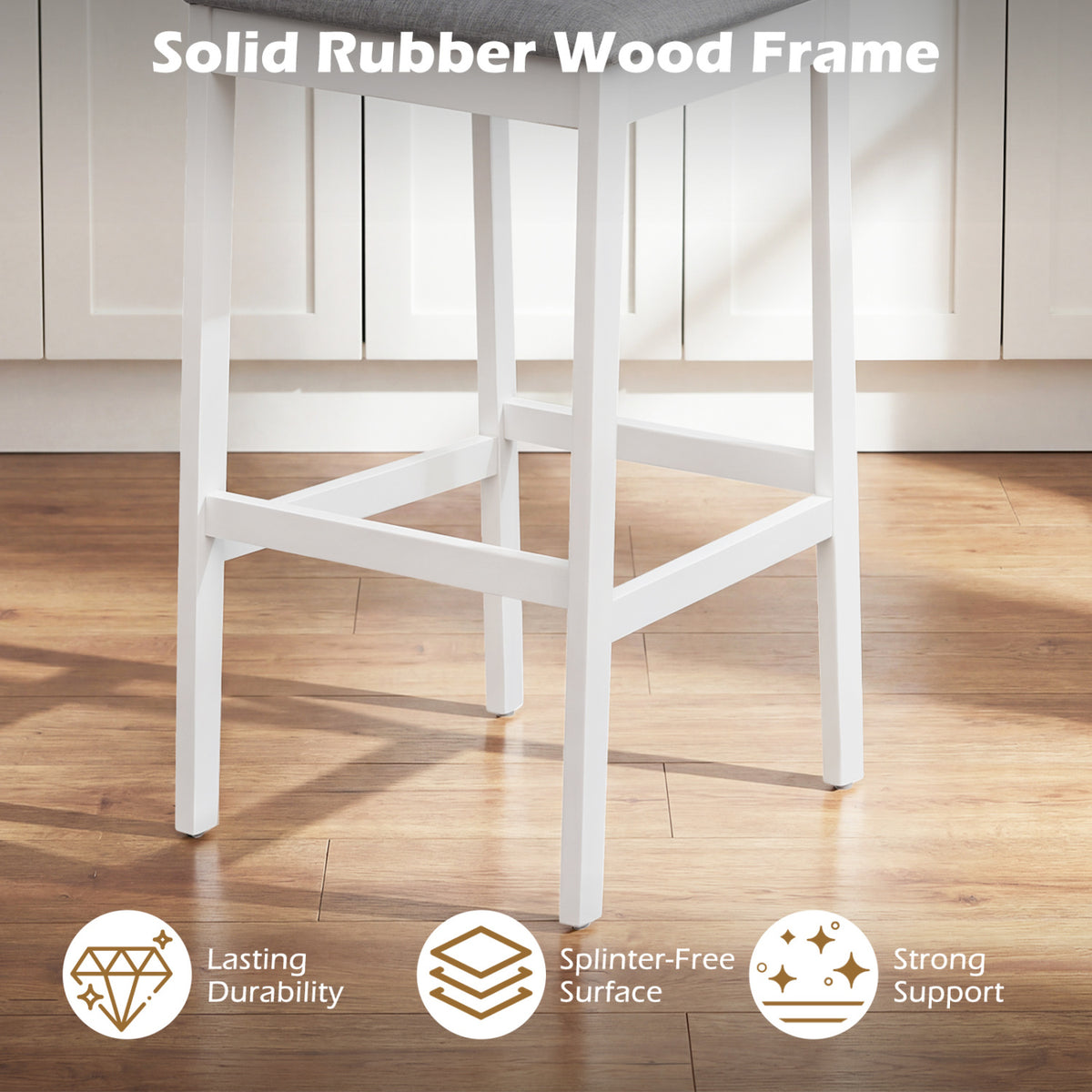 Set of 2 Upholstered Barstool 29.5 Inch Bar Height with Solid Rubber Wood Frame-White