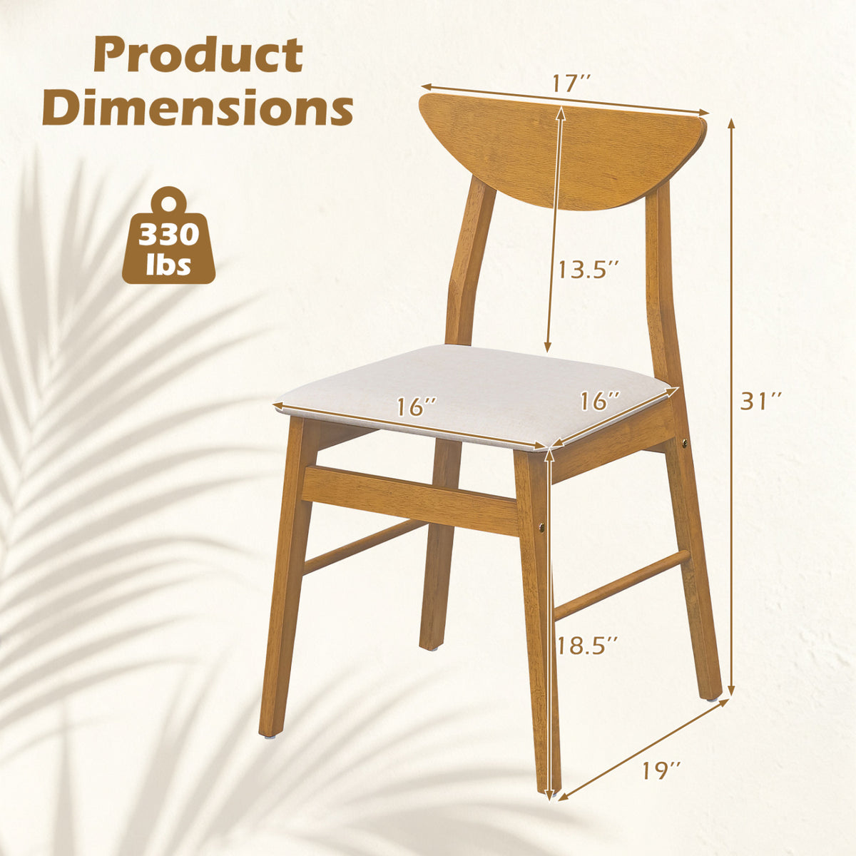 Set of 2 Upholstered Dining Chairs with Curved Backrest and Rubber Wood Frame-Natural