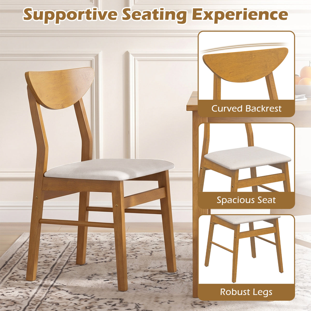 Set of 2 Upholstered Dining Chairs with Curved Backrest and Rubber Wood Frame-Natural
