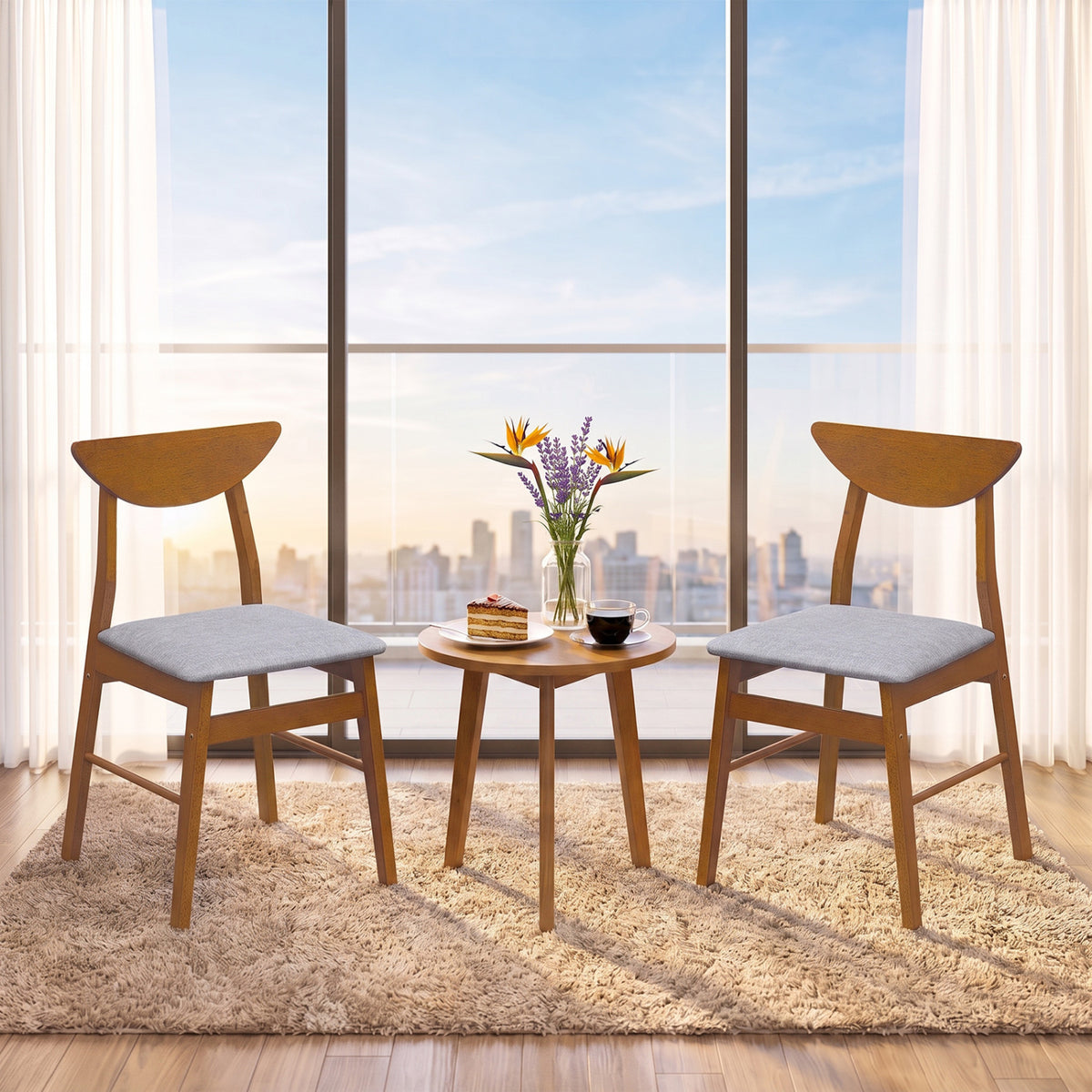 Set of 2 Upholstered Dining Chairs with Curved Backrest and Rubber Wood Frame-Walnut