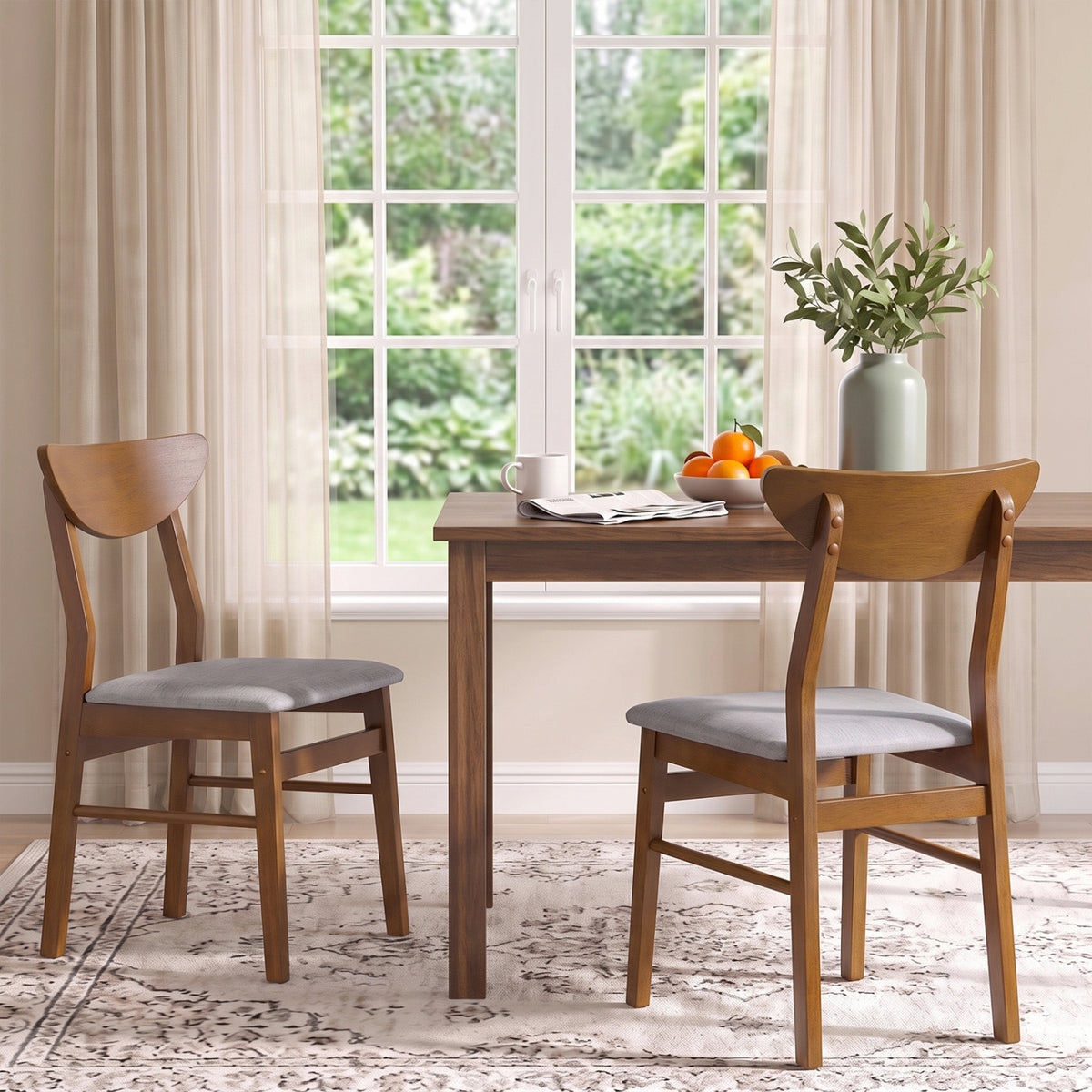 Set of 2 Upholstered Dining Chairs with Curved Backrest and Rubber Wood Frame-Walnut