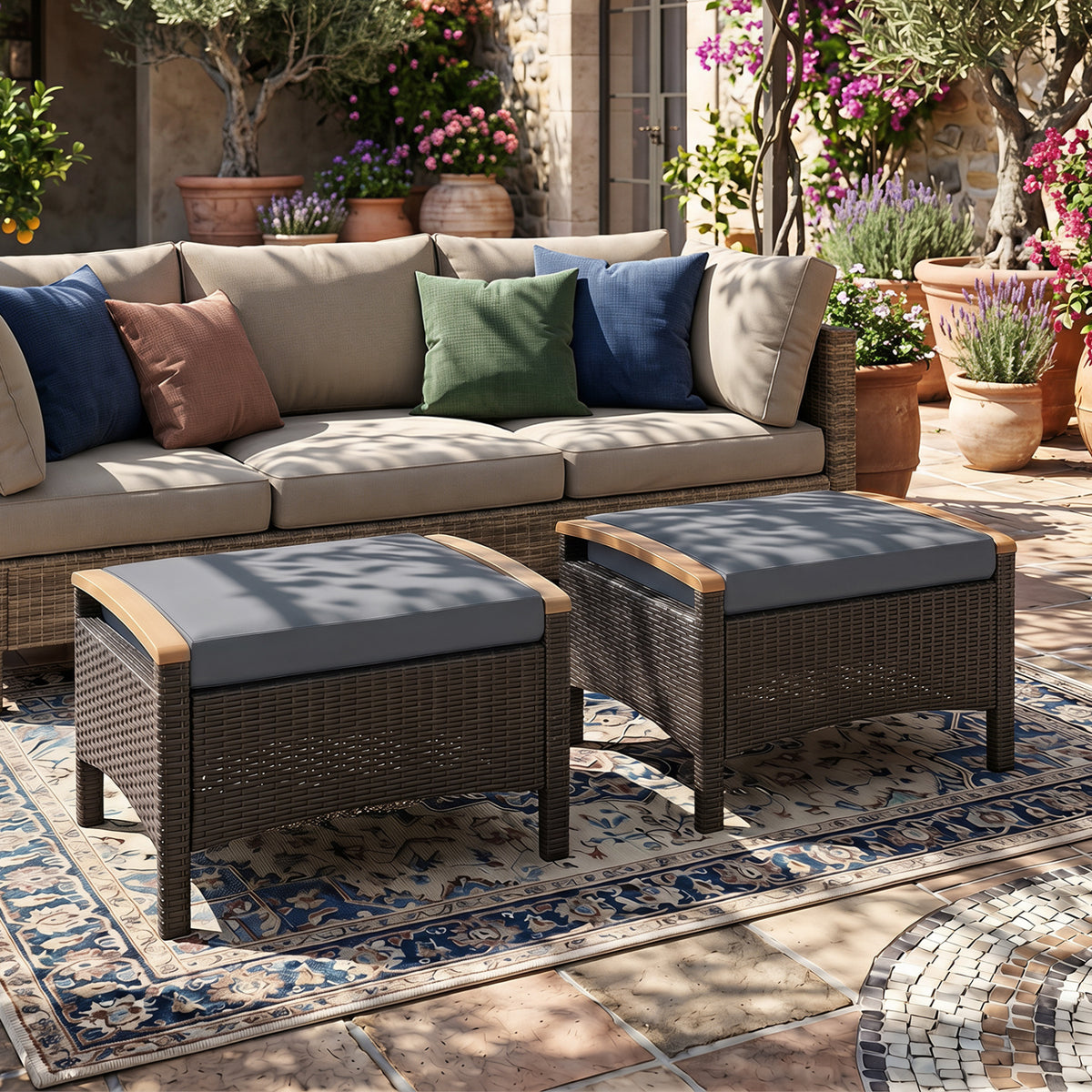 Set of 2 Wicker Patio Ottoman Fade-Resistant Foot Rest with Cushion-Gray