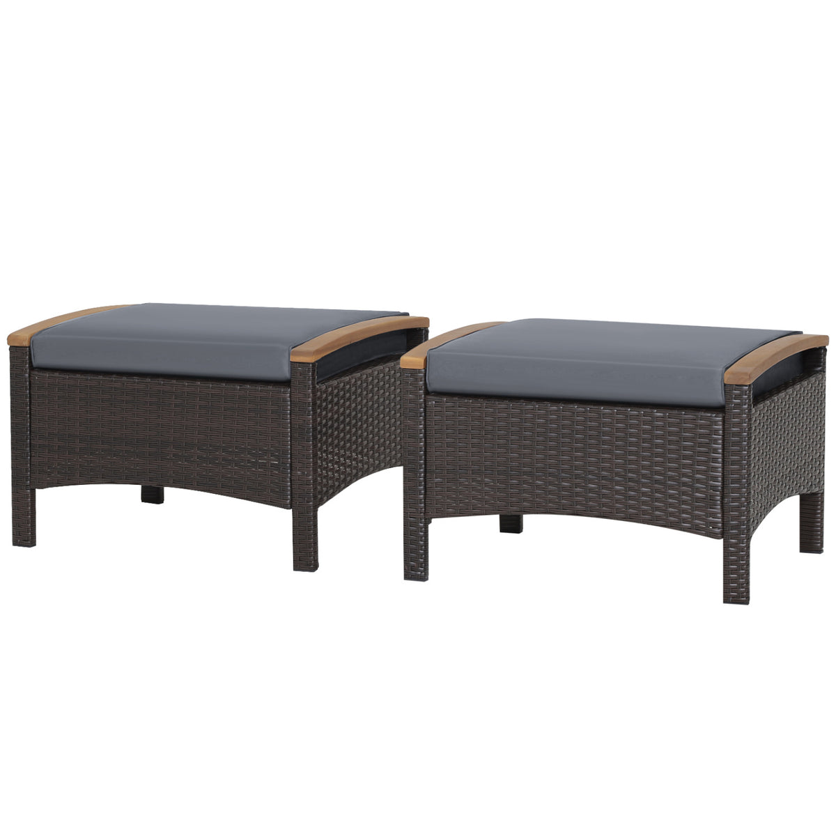 Set of 2 Wicker Patio Ottoman Fade-Resistant Foot Rest with Cushion-Gray