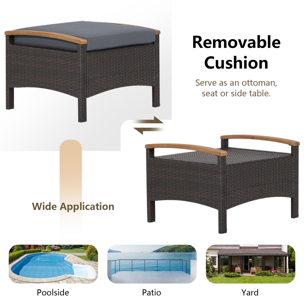 Set of 2 Wicker Patio Ottoman Fade-Resistant Foot Rest with Cushion-Gray