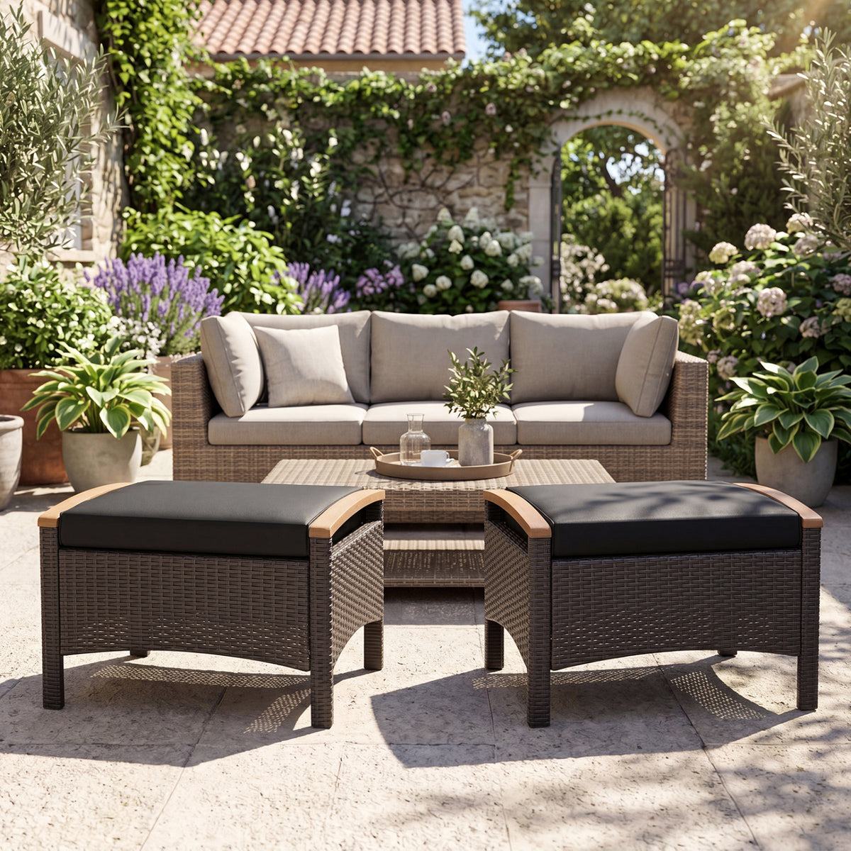 Set of 2 Wicker Patio Ottoman Fade-Resistant Foot Rest with Cushion-Black