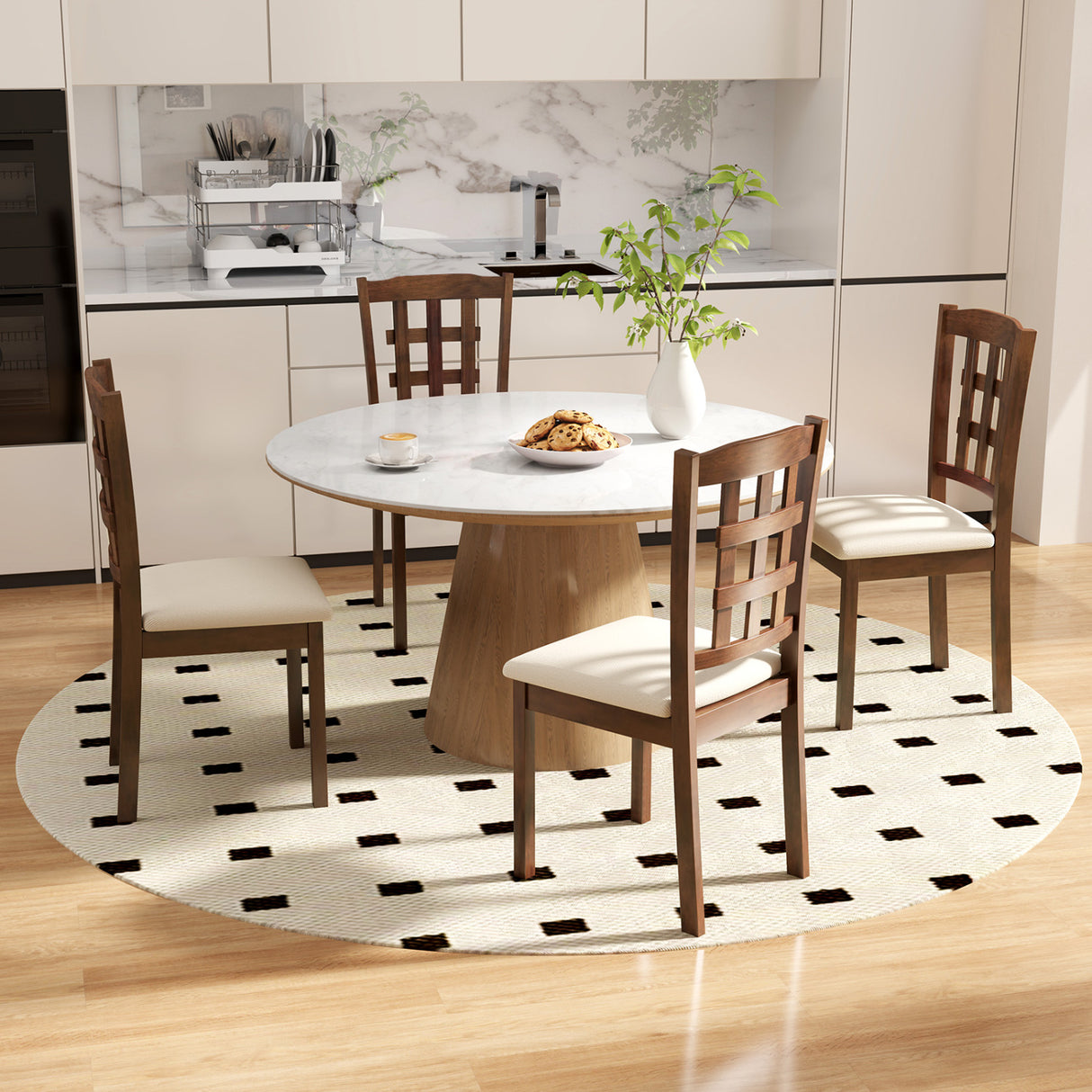 Set of 2 Wood Kitchen Chairs with Faux Leather Upholstered Seat-Coffee